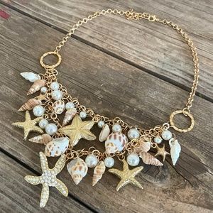 Gold Tone Seashell Statement Necklace with Faux Pearl Accents 18"-20"